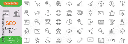 SEO - search engine optimisation line icon set. Set of 60+ outline icons related to seo, website, business, optimisation and others. SEO outline icons collection. Vector illustration.