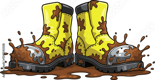 Cartoon Yellow Boots Splashed with Mud, Heavy Black Soles, and Steel Toes