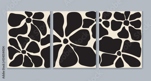 triptych of wall art featuring a stylized floral design. The design is abstract, using black and white to create a bold, graphic floral pattern. The three panels create a cohesive whole when displaye