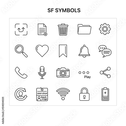 SF Symbols Collection: A comprehensive set of 20 modern, minimalist line icons for user interface design, representing essential functions and actions.