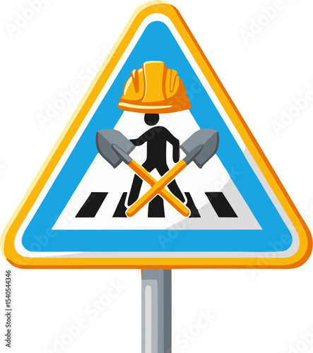 Construction Zone Crossing Sign Depicting Worker with Shovels and Helmet