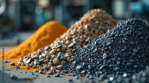 Assorted rare earth metals and ores stacked in factory, extraction and refinement for electronics and clean energy, global resources.