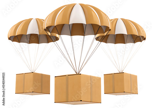 Three brown and white parachutes carrying boxes in the air on a black background illustration