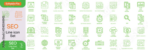 Digital marketing and SEO Outline Style Icons Set. Marketing & Search Engine Optimisation Thin Line Vector icons collection. Website, Shop, Rating, Traffic Analysis, Creativity, Target, Lion icon set.