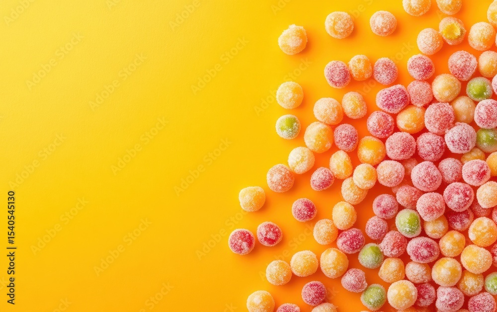Fototapeta premium Top-down view of frozen peas on vibrant yellow background.