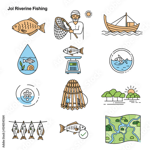 Riverine Fishing Icons: Illustrated icons portraying the world of riverine fishing, including equipment, the aquatic environment, and the process of catching and preparing fish. 