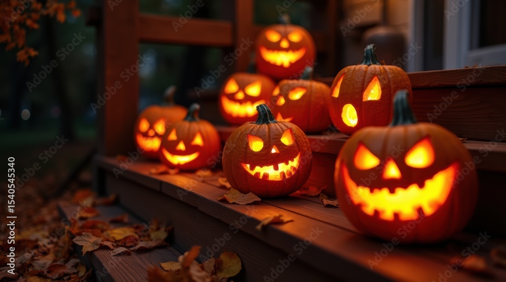 Obraz premium Close-up glowing jack-o'-lanterns with sinister faces on wooden steps, night, scattered autumn leaves, Halloween spirit.