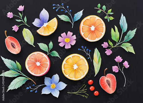 Refreshing Art with Floral and Citrus Elements