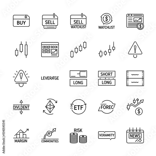 Financial Trading Icons: A collection of meticulously crafted line icons, each representing core aspects of financial markets. Designed for clarity and elegance.