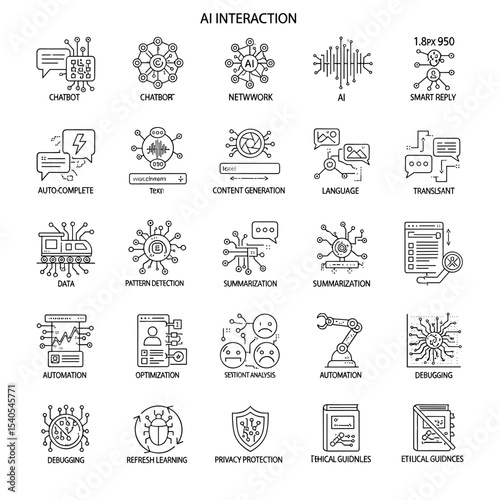 AI Interaction Icon Set: A comprehensive set of meticulously crafted icons, elegantly illustrating a broad spectrum of artificial intelligence (AI) concepts.