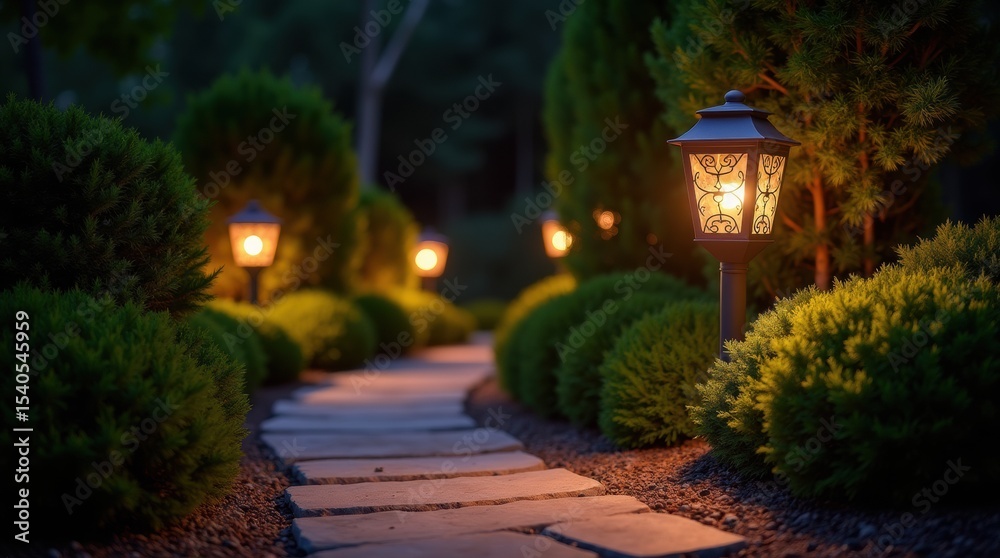 Fototapeta premium Stone garden path with solar lanterns at night, green bushes and trees, inviting warm glow, outdoor decor inspiration.