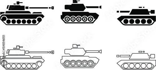 Military Tanks and Armored Vehicles Icons Set. and outline vector