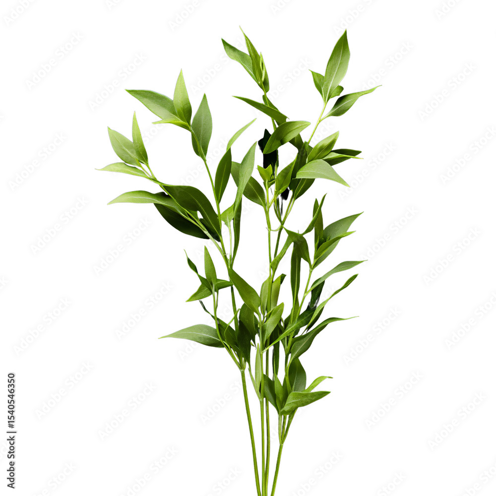 Obraz premium Ruscus branch with vibrant green leaves isolated on black background Elegant foliage for floral arrangements and botanical designs Concept of nature, freshness, and greenery