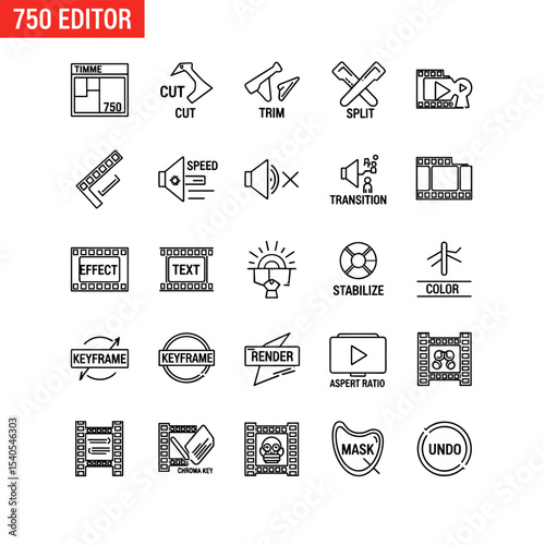 Video Editing Tools: A comprehensive collection of icon illustrations representing essential video editing functionalities. These concise.