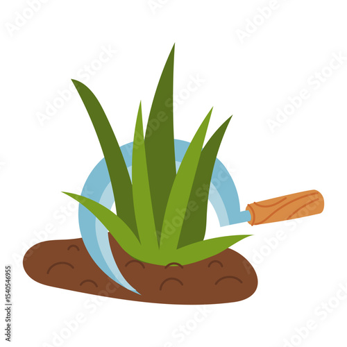 She cuts off a bush of grass with a sickle. Flat color illustration. Gardening tools. Gardening. Suitable for agrothematics, applications, educational materials and product packaging