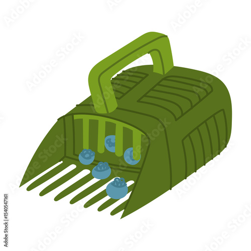 combine harvester for picking berries with blueberries in bucket. Flat color illustration. Gardening tools. It is suitable for agrothematics, applications, educational materials and product packaging