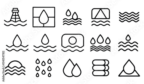Water, liquid, and moisture vector icon pack, a simple black and white line art set for web and UI design on white background