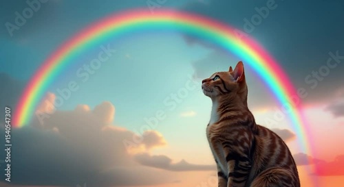 cat sitting atop rock looking beautiful rainbow sky sky filled fluffy white clouds sun shining brigh
