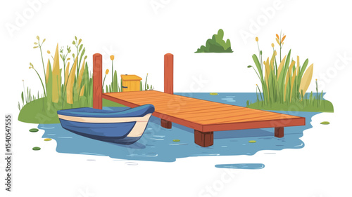 The illustration depicts a simple wooden dock extending over calm blue water. A small blue and white rowboat is moored alongside the dock.  The dock is supported by four wooden posts. 