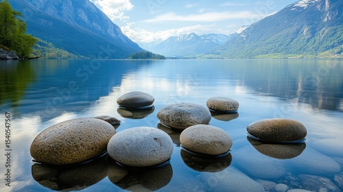 Serene Mountain Lake with Stones: A Peaceful Reflection