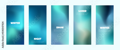 Winter mesh gradient vertical background in blue tones. Smooth mesh design with neon snow effect. Bright, minimal, cosmic and futuristic style for presentation, celebration, business, web. Vector set