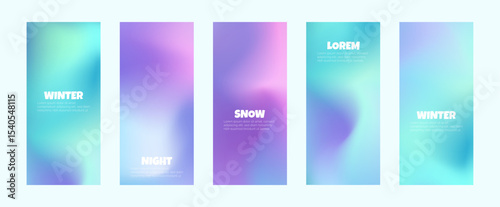 Winter mesh gradient vertical background in blue tones. Smooth mesh design with neon snow effect. Bright, minimal, cosmic and futuristic style for presentation, celebration, business, web. Vector set