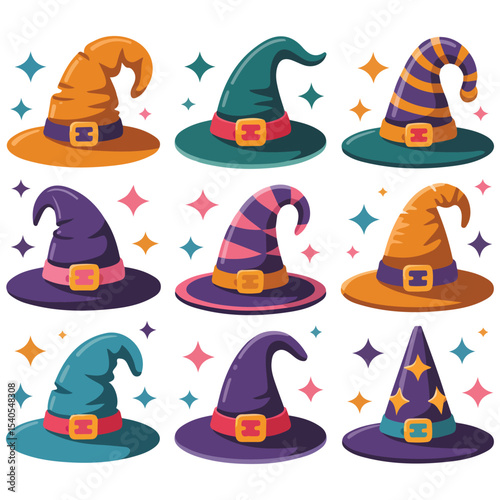 cartoon magic witch hats for halloween costumes isolated vector illustration