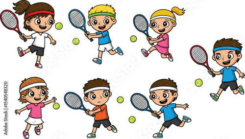 Collection of Cute Cartoon Kids Playing Tennis in Various Action Poses with Racquets and Balls, Promoting Youth Sports and Healthy Activity