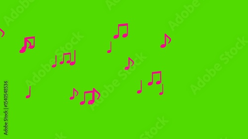 Musical pink notes on a green background. 3D animation. Music video. The concept of music and music school.