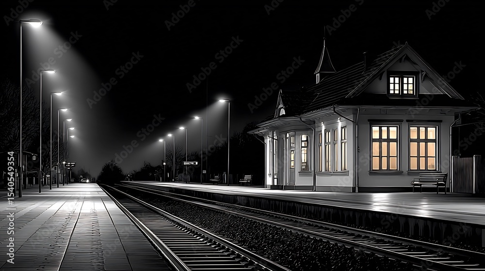 Fototapeta premium Night Train Station: Solitude and Tranquility