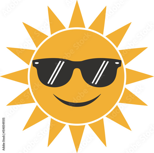 Smiling sun with bold curls and sunglasses under hello sunshine text in warm fiery retro style illustration  
