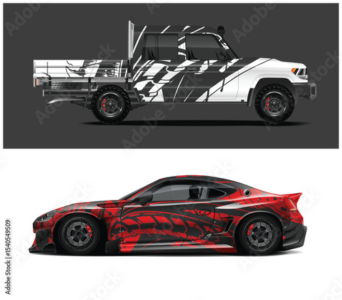 Abstract Design Wraps for Pickup Truck and Sports Car