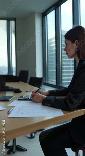 woman sitting desk front window holding pen hand desk papers calculator mouse object