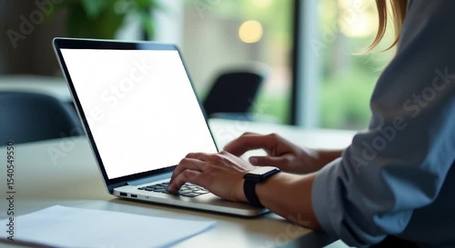 woman sitting desk laptop computer front desk paper pen background chairs