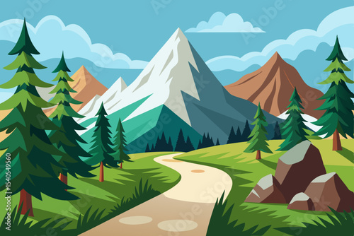 Alpine hiking trail with snowy peaks vector illustration