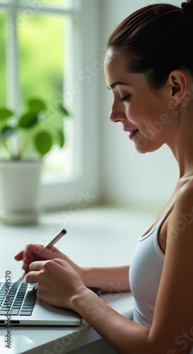 woman sitting desk laptop computer front pen hand houseplant desk window ba