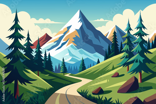 Alpine hiking trail with snowy peaks vector illustration