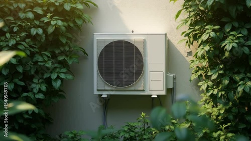 Air conditioning unit mounted on a wall surrounded by lush green foliage, showcasing a sunny day