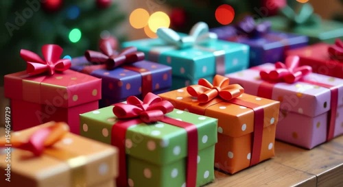 wooden table row colorful presents sitting top christmas tree background lights twinkling night