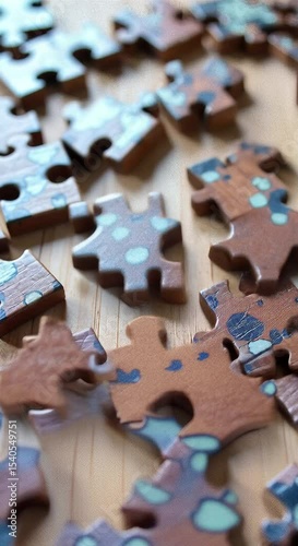 wooden table several jigsaw puzzle pieces scattered across surface pieces various shapes sizes table li