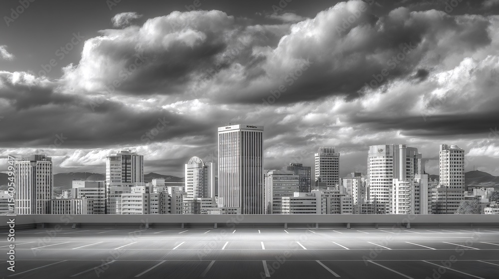 Fototapeta premium Cityscape Panorama: Monochromatic Urban Skyline Under Dramatic Clouds