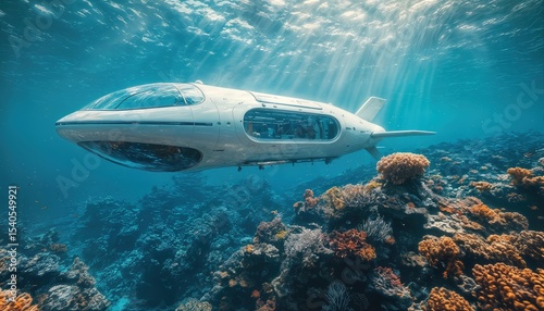Wallpaper Mural a futuristic private submarine glides through a vibrant coral reef bathed in ethereal sunlight penetrating the deep blue ocean. Torontodigital.ca