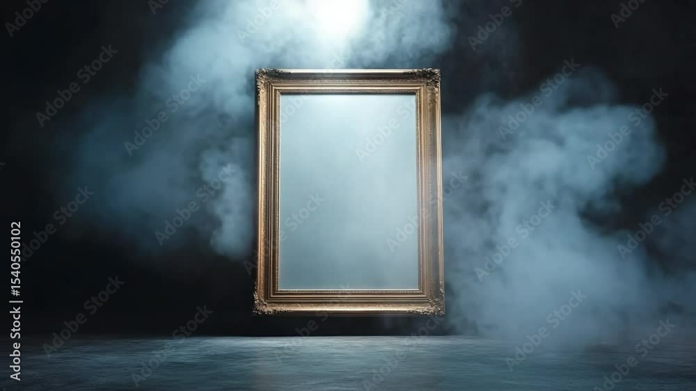 Mysterious Frame in the mist: A striking, antique-style frame, seemingly suspended in the ether amidst a swirling mist, creates an ambiance of mystery and intrigue.