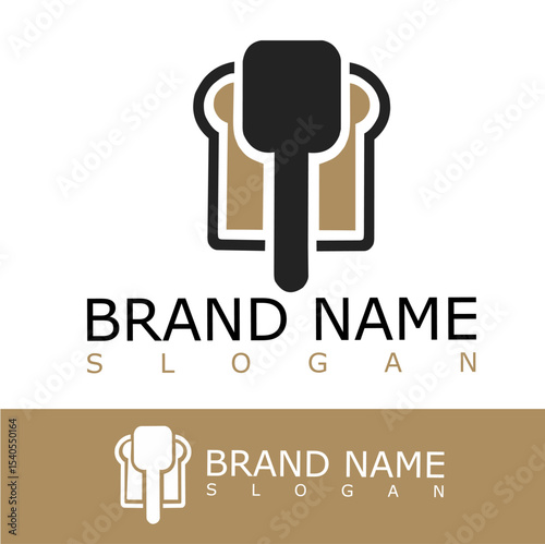 Modern bakery logo featuring a slice of bread and a spatula icon in brown and black. Perfect for bakeries, cafes, pastry shops, or food-related businesses