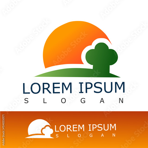 Colorful landscape logo featuring an orange sun, green hill, and tree silhouette. Ideal for eco, farming, nature, agriculture, or environmental brands