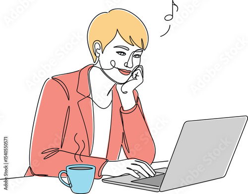 Relaxed Woman Enjoying Music While Working on Laptop with Coffee. Hand drawn style vector design illustrations.