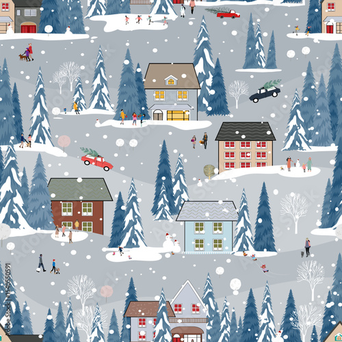 Seamless Pattern Winter Village landscape background,City Night Sky with snowy people in park, Celebrating Christmas,New Year 2026,Vector Pattern cute cartoon Xmas winter wonderland for wallpaper