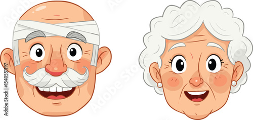 Happy Cartoon Senior Couple Faces: Cheerful Elderly Man with Bandage and Smiling Woman with White Hair, Representing Elderly Care and Joyful Aging
