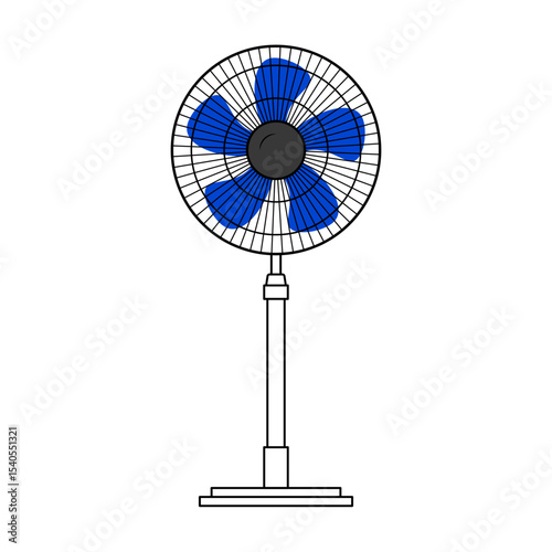 Standing Electric Fan with Blue Blades Vector Illustration. The fan features a round protective grille, enclosing five wide blue fan blades attached to a central black motor hub.