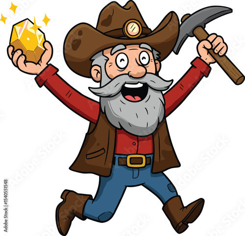 Excited Cartoon Miner Discovering a Giant Gold Nugget, Illustrating Success, Wealth, and Prospecting Adventures in a Fun and Energetic Style